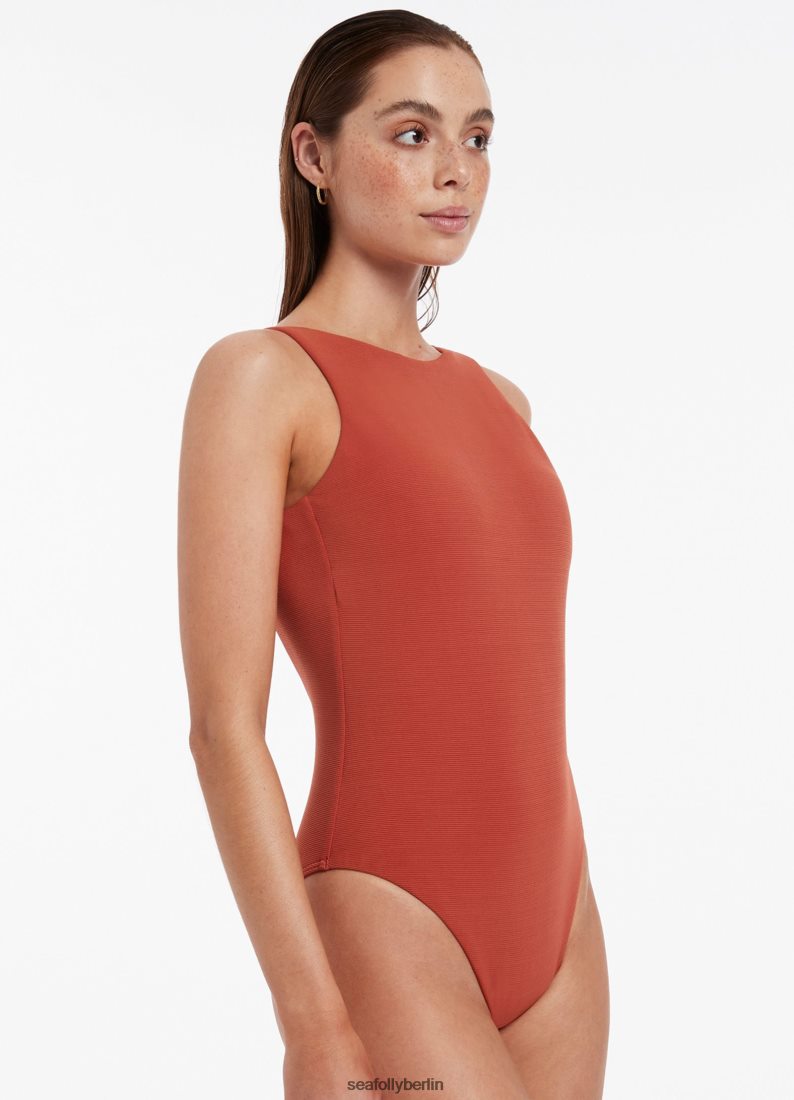 Badebekleidung Seafolly Isla Rib-Einteiler mit Stehkragen rostrot Frauen 6RVZTV50