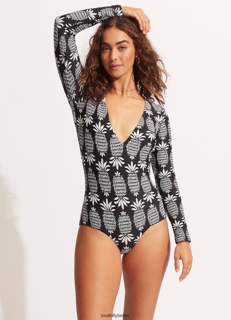 Badebekleidung Seafolly Korsika Surfanzug mit V-Ausschnitt und langen Ärmeln Schwarz Frauen 6RVZTV124