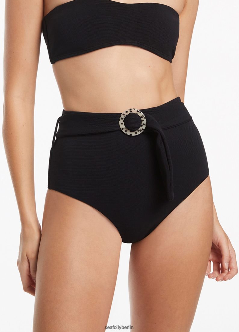 Badebekleidung Seafolly Isla-Bikinihose mit hohem Bund und geripptem Gürtel Schwarz Frauen 6RVZTV355